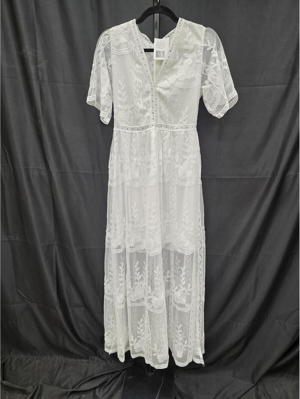 WHITE FLORAL LACE BOHO WEDDING V‑NECK MAXI DRESS WOMEN’S SIZE M